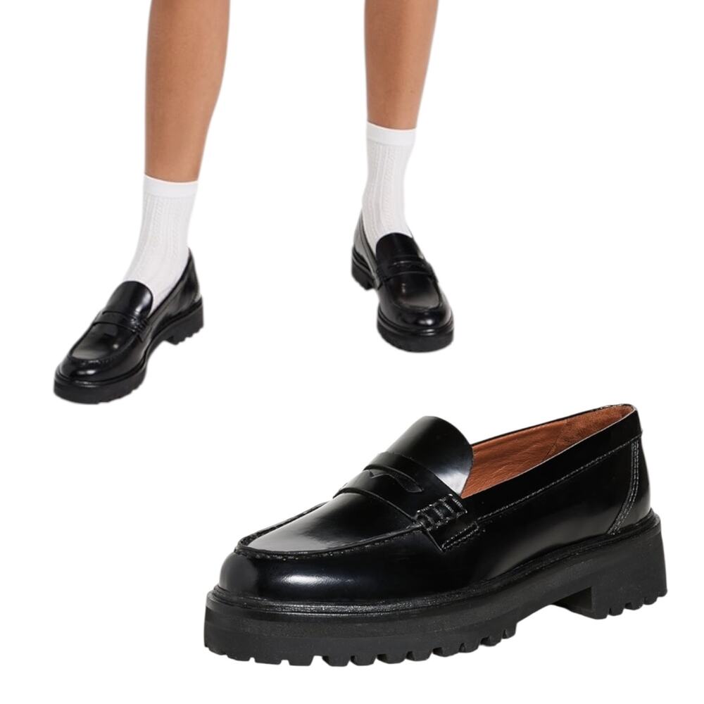 Reformation, Women's 'Agathea' Chunky Penny Loafers, Leather, Black, Size 7.5 US